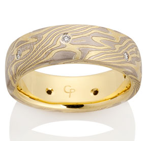 Oak Mokume in 18k Yellow Gold, 14k Pd White Gold and Silver with Diamonds