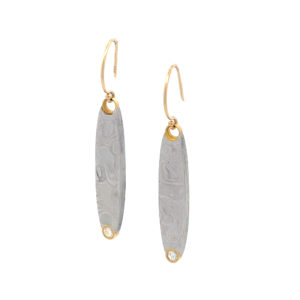Damascus Dangle Earrings with Gold, Large Oval with Rose Cut Diamond
